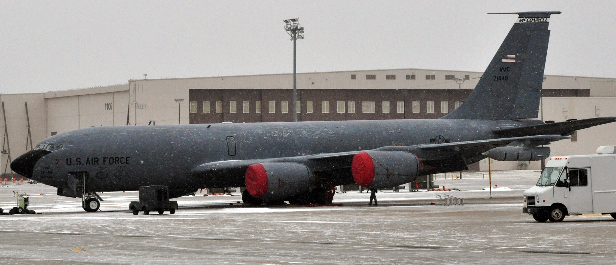 Despite temperatures in the lower teens and a wind chill factor of zero, aircraft maintainers from the 22nd Air Refueling Wing and the Air Force Reserve 931st Air Refueling Group brave the elements on the flightline at McConnell Air Force Base, Kan., on the morning of Feb. 23, 2015. Aircraft maintainers are tasked with generating and recovering aircraft and ensuring the base's KC-135 Stratotankers are mission ready to provide for the air refueling needs of the U.S. Air Force. (U.S. Air Force photo by Capt. Zach Anderson)
