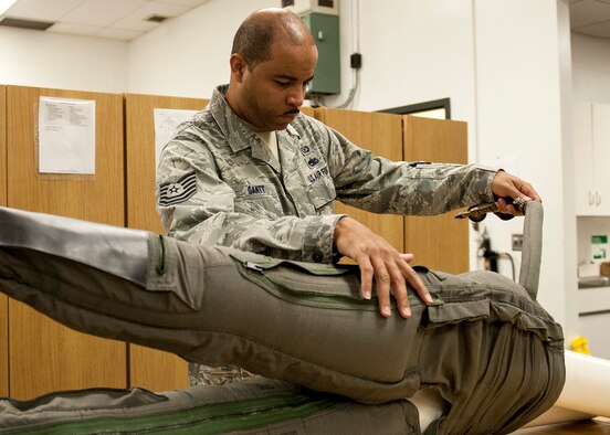 Tech Sgt. Elijah Gantt, of the 96th Operations Support Squadron, conducts a leakage test on a CSU-22 anti-gravity suit at the Aircrew Flight Equipment facility on Eglin Air Force Base, Fla., Feb. 9.  The maintenance of the anti-gravity suits is critical to the pilot’s performance and safety.  The anti-gravity suits increase a pilot’s mental capacity and allows them to pull more G-forces without losing consciousness.  (U.S. Air Force photo/Ilka Cole)
