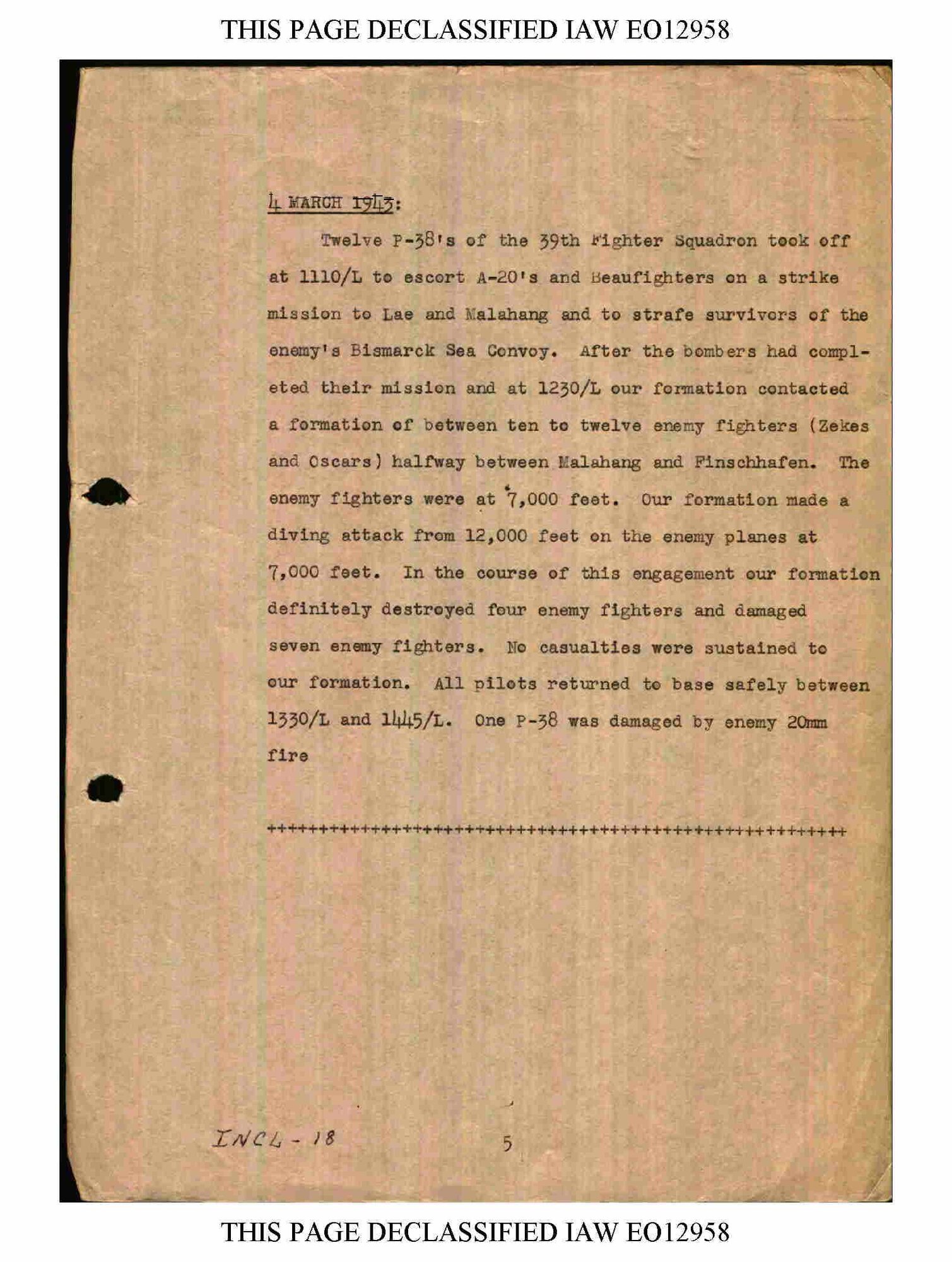 From 2 to 4 March, 1943, the 35th Fighter Group participated in the battle of the Bismarck Sea.  The unit historian recorded his observations.  (U.S. Air Force historical document/Released)