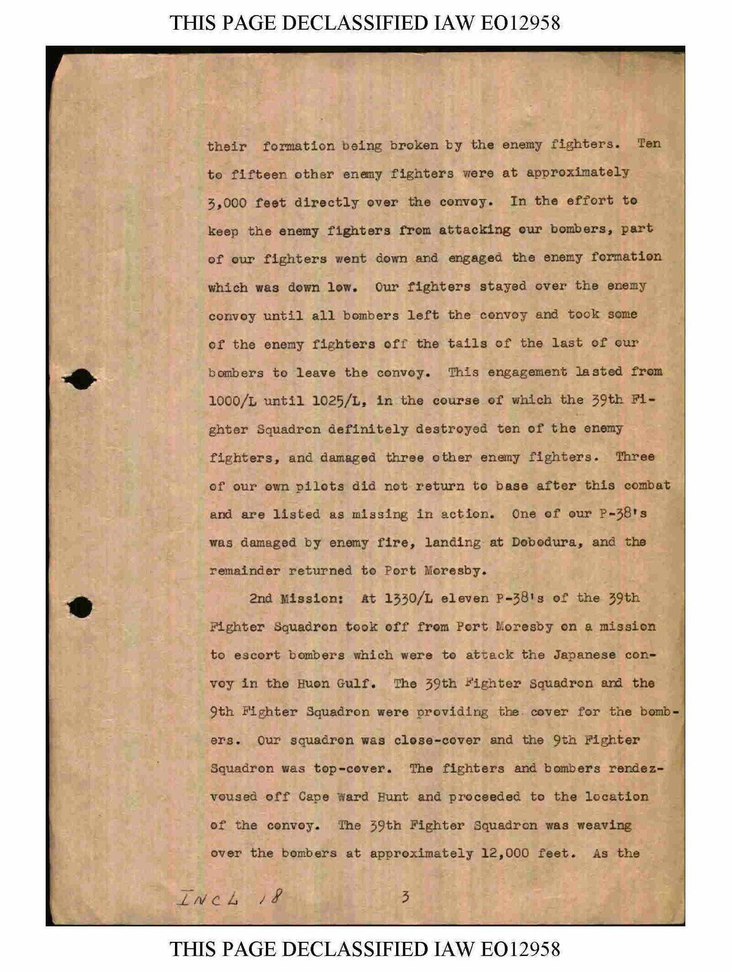 From 2 to 4 March, 1943, the 35th Fighter Group participated in the battle of the Bismarck Sea.  The unit historian recorded his observations.  (U.S. Air Force historical document/Released)