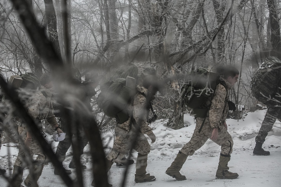 U.S. and Republic of Korea Marines hike a 35- km path up a mountain Jan. 15 during Korean Marine Exchange Program 15-3 in Pyeongchang, Republic of Korea. Ice and snow covered the entire path. The U.S. Marines are reconnaissance men with Alpha Company, 3rd Reconnaissance Battalion, 3rd Marine Division, III Marine Expeditionary Force. The ROK Marines are force reconnaissance men with 2nd Battalion, 2nd Marine Division. 