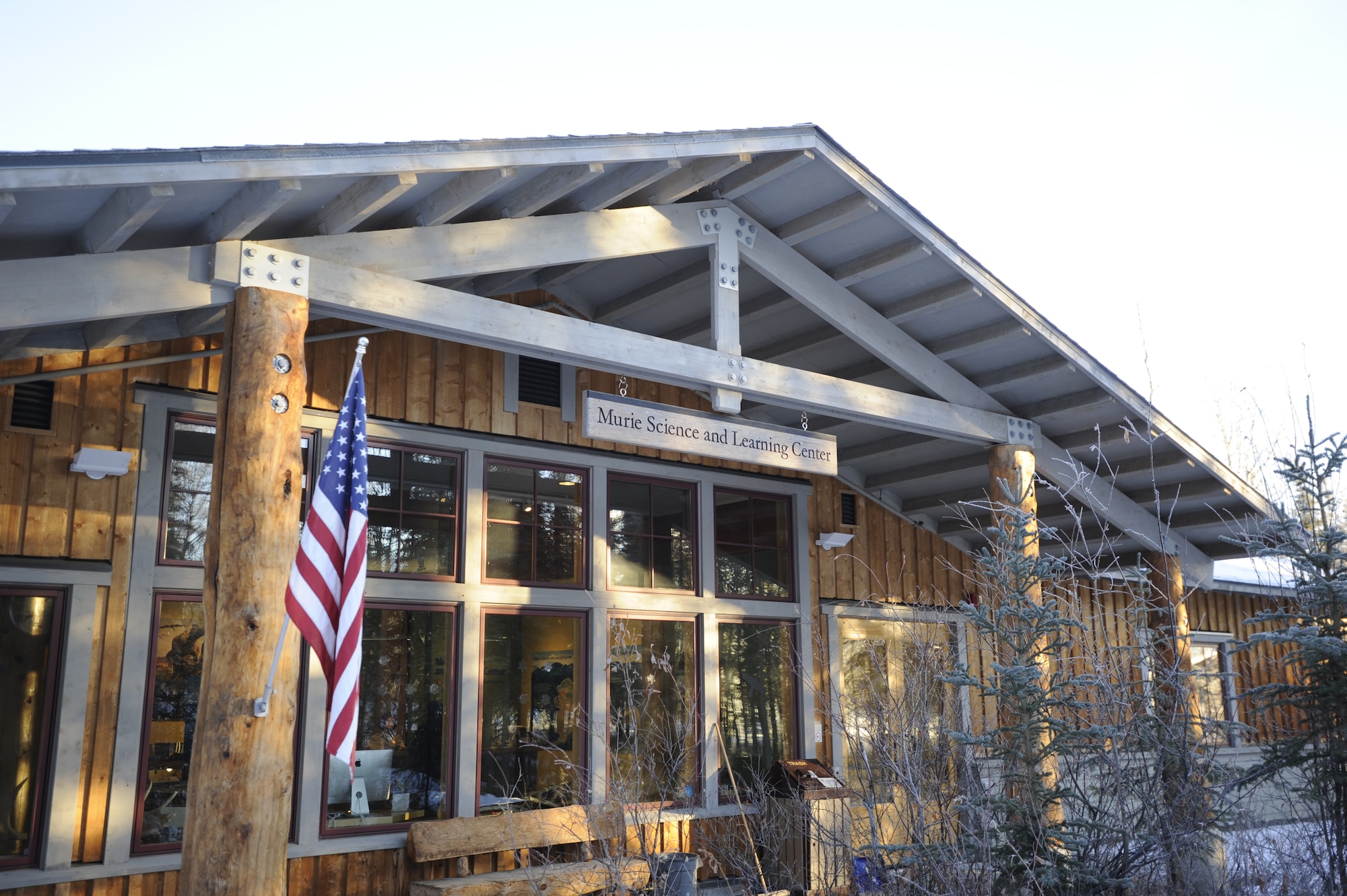 The Murie Science and Learning Center sits at mile 1.4 of the park road in Denali National Park, Alaska, Jan. 19, 2015. The Murie Science and Learning Center doubles as the visitor’s center during the winter months. (U.S. Air Force photo by 1st Lt. Elias Zani/Released)