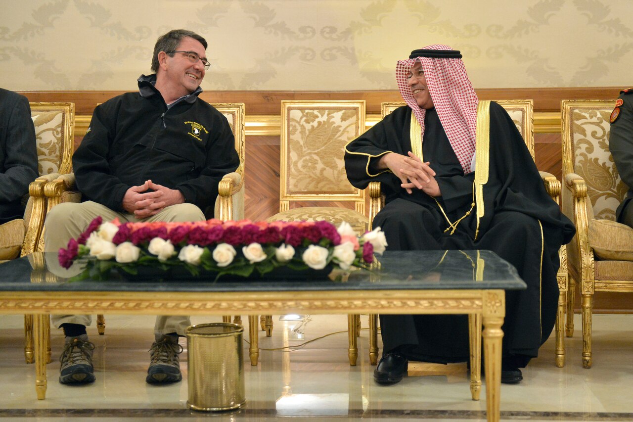 U.S. Defense Secretary Ash Carter meets with Kuwaiti Deputy Prime Minister and Defense Minister Sheikh Khalid al-Jarrah al-Sabah in Kuwait City, Feb. 22, 2015. During his first overseas trip as defense secretary, Carter plans to meet with senior U.S. military and foreign leaders to assess operations in Afghanistan and the regional effort to contain and defeat the Islamic State of Iraq and the Levant. DoD photo by Glenn Fawcett