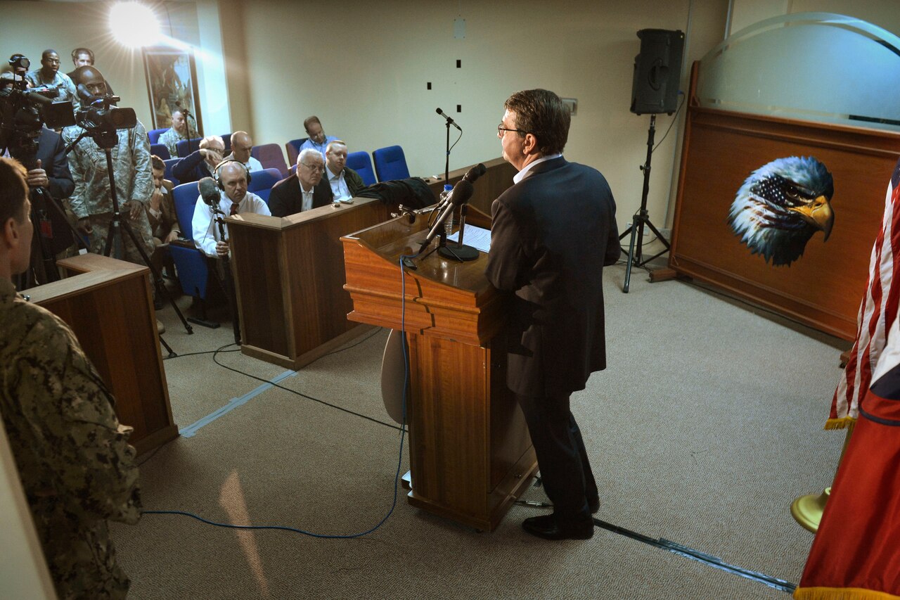 U.S. Defense Secretary Ash Carter holds a press conference after meeting with senior commanders attending a regional security conference on Camp Arifjan, Kuwait, Feb. 23, 2015. During the meeting, Carter and other defense leaders discussed strategies for dealing with the Islamic State of Iraq and the Levant, or ISIL, and other regional threats to partner and ally nations. DoD photo by Glenn Fawcett
