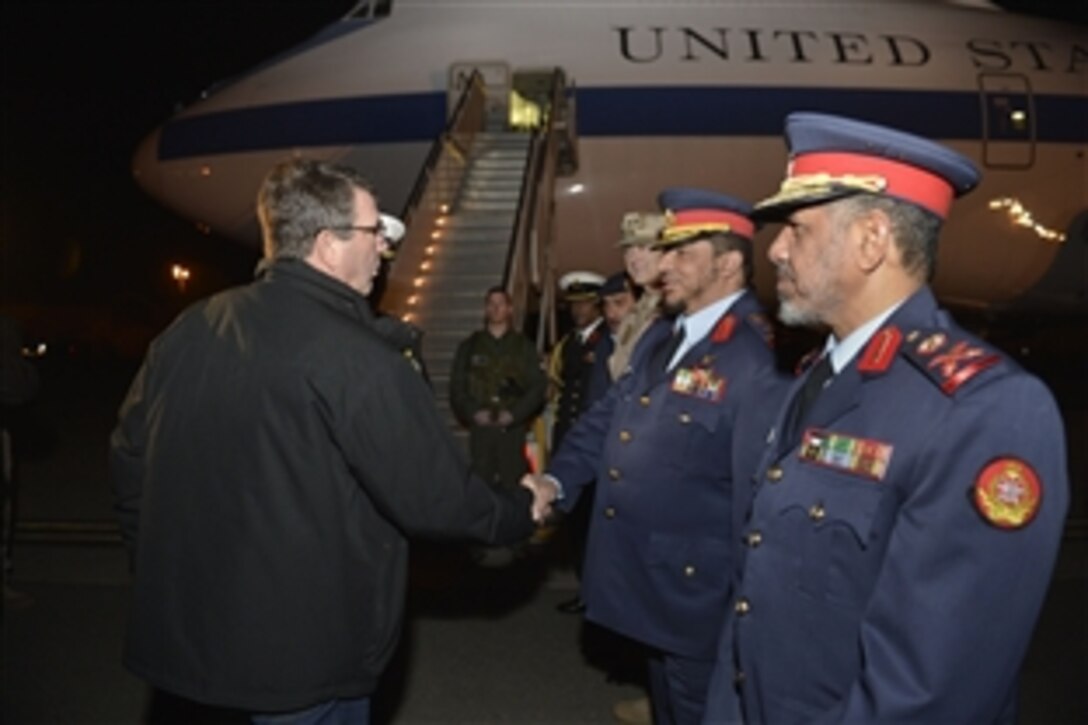 U.S. Defense Secretary Ash Carter bids farewell to Kuwaiti military leaders after visiting Kuwait, Feb. 24, 2015. Carter completed his first international trip as defense secretary, stopping in Afghanistan and Kuwait to meet with government officials, military commanders and troops with whom he shared his appreciation.
