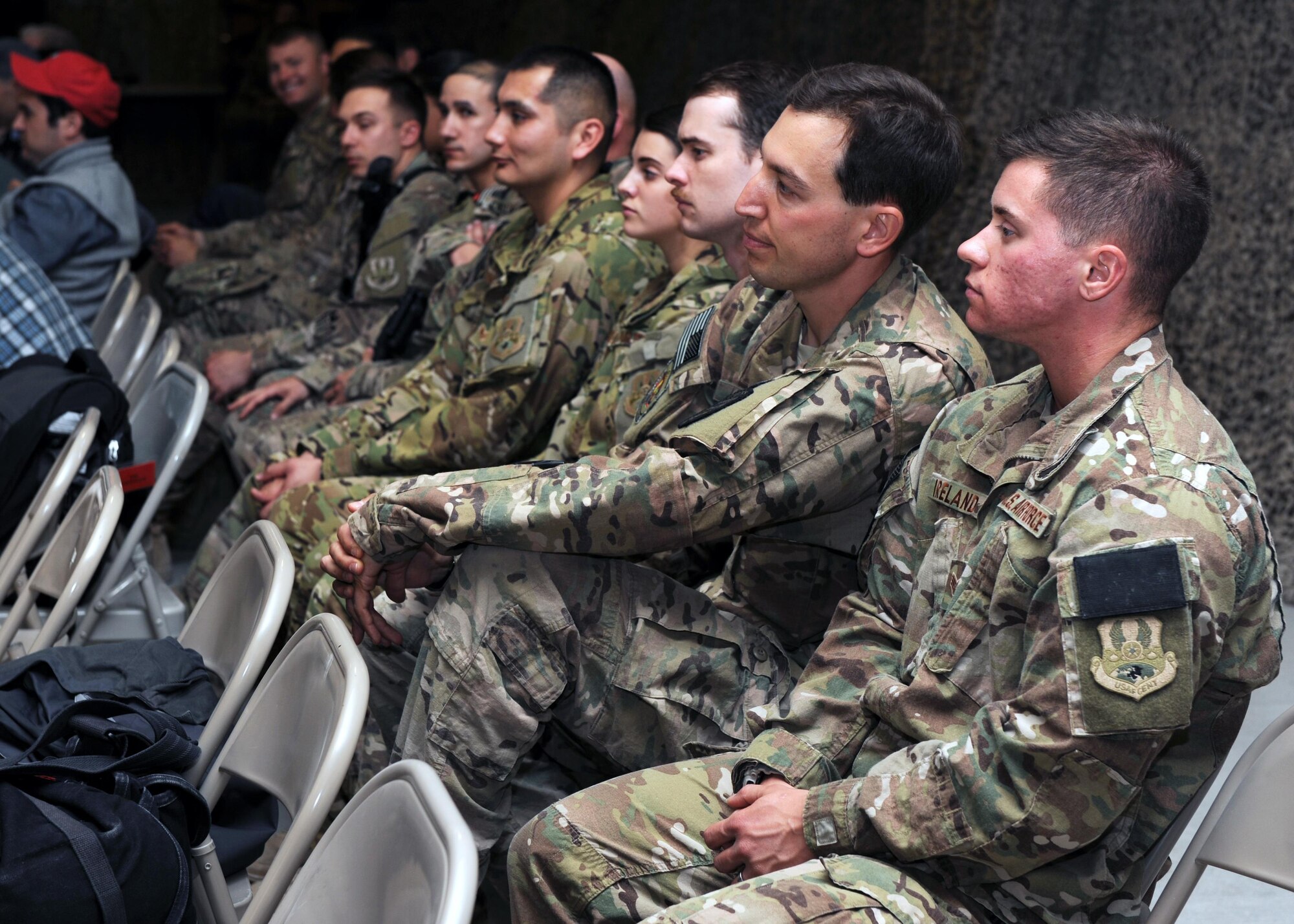 U.S. Air Force Airmen and U.S. Army Soldiers listen as Secretary of Defense, the Hon. Ashton Carter, thanked them for their service during a visit to Kandahar Airfield, Afghanistan Feb. 22, 2015. Having sworn in only five days prior, the trip was Carter’s first official visit to Afghanistan as defense secretary, and his first opportunity to convey his appreciation to servicemembers fulfilling the Resolute Support Mission downrange. (U.S. Air Force photo by Staff Sgt. Whitney Amstutz/released)