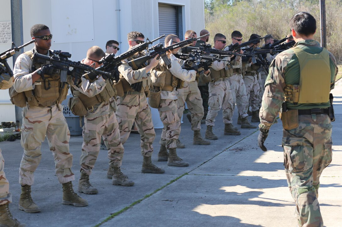 A Critical Skills Operator with 3rd Marine Special Operations Battalion, U.S. Marine Corps Forces Special Operations Command, teaches Marines with 2nd Combat Engineer Battalion, 2nd Marine Division, shooting techniques before firing M4 carbine rifles and M9 service pistols at a range here, Feb. 10, 2015. Marines with 3rd MSOB participated in RAVEN 15-03, a 10-day realistic military training exercise to enhance the battalion’s readiness for worldwide support to global security. Marines with 2nd CEB played the role of a partner nation force during the exercise. (Official U.S. Marine Corps photo by GySgt. Josh Higgins/released)