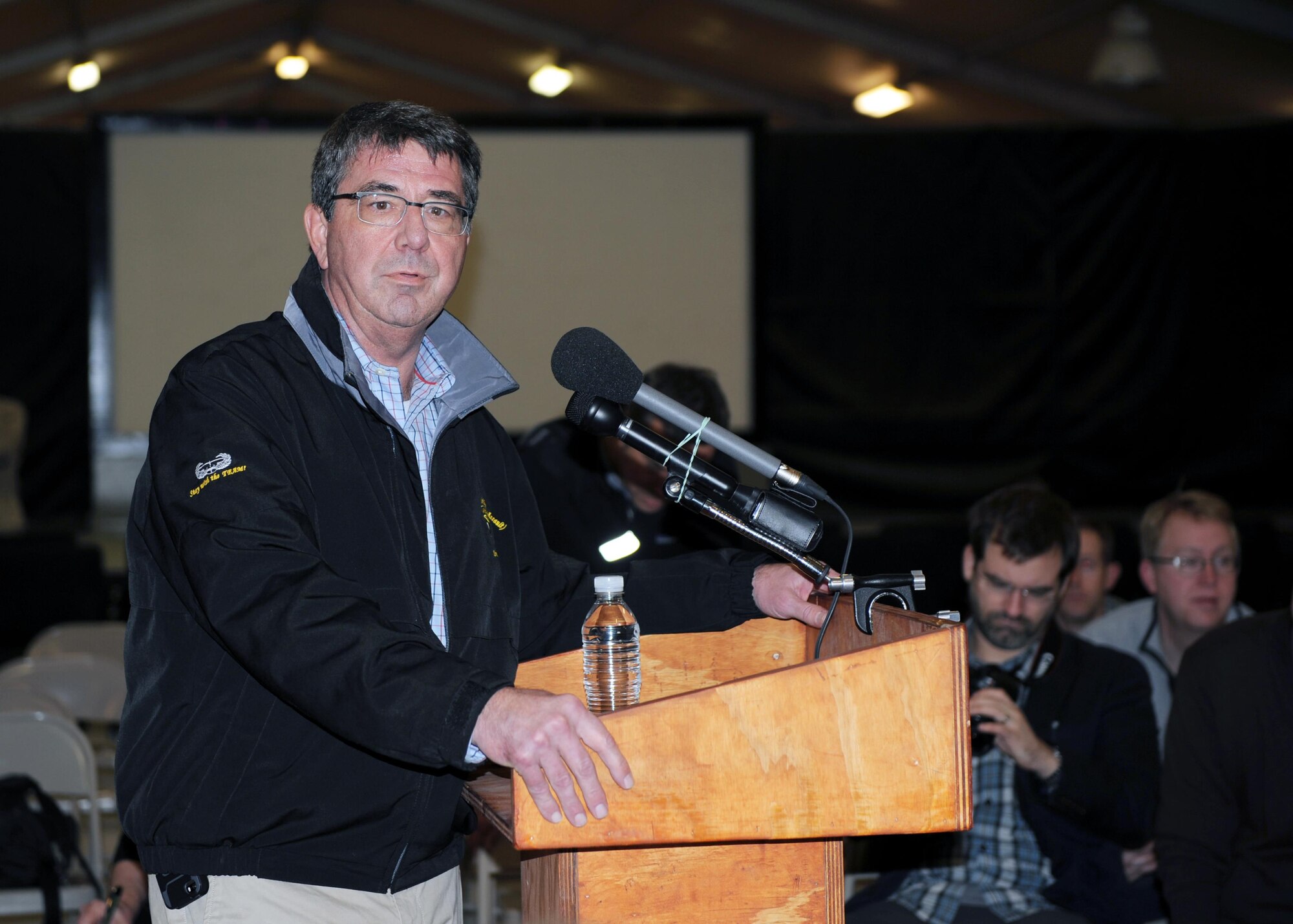 Secretary of Defense, the Hon. Ashton Carter, answers questions during a visit to Kandahar Airfield, Afghanistan Feb. 22, 2015. Having sworn in only five days prior, the trip was Carter’s first official visit to Afghanistan as defense secretary, and his first opportunity to convey his appreciation to servicemembers fulfilling the Resolute Support Mission downrange. (U.S. Air Force photo by Staff Sgt. Whitney Amstutz/released)