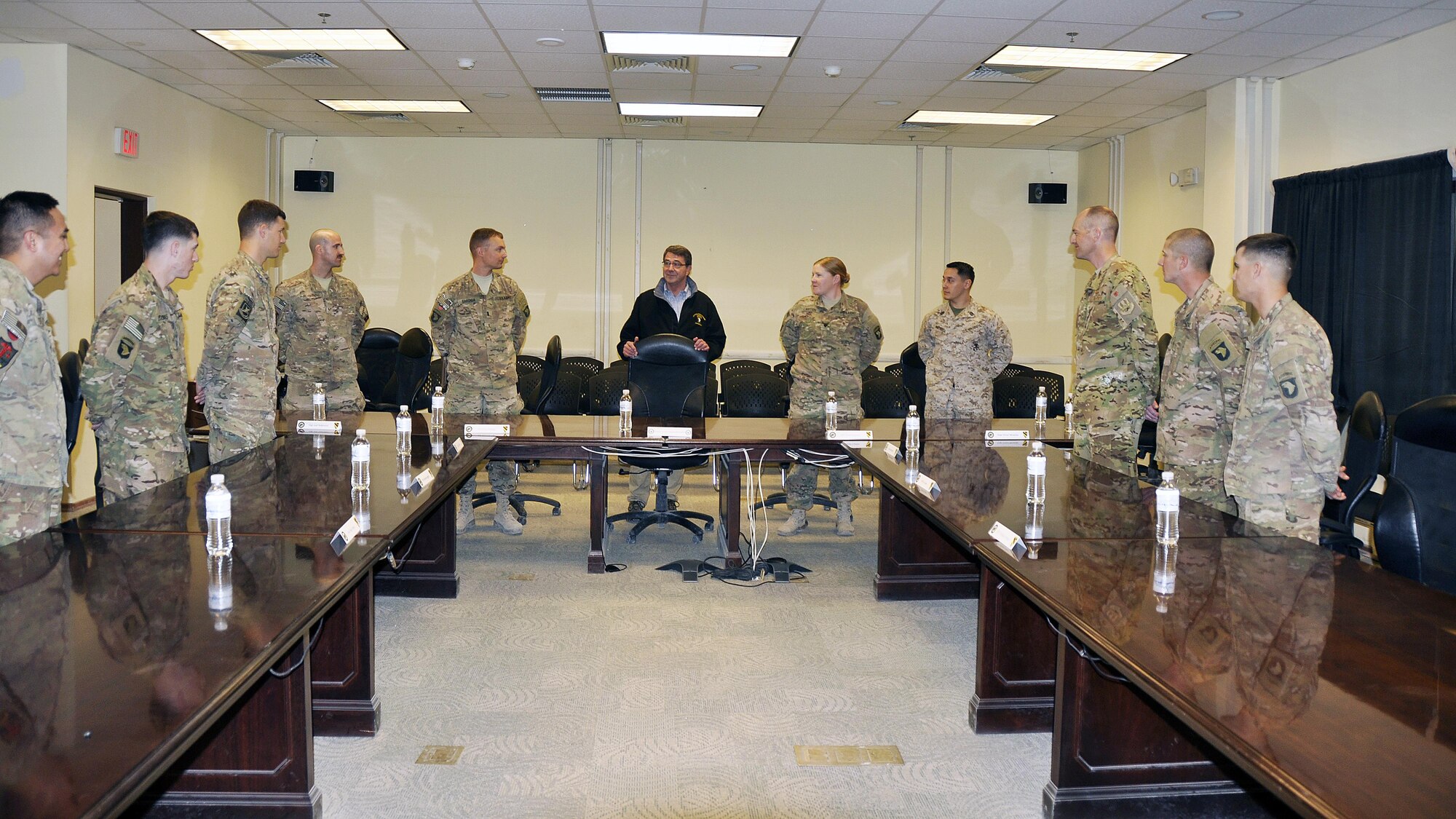 Secretary of Defense, the Hon. Ashton Carter, speaks to U.S. Air Force Airmen, U.S. Army Soldiers, and U.S. Marines prior to a luncheon at Kandahar Airfield, Afghanistan Feb. 22, 2015. Having sworn in only five days prior, the trip was Carter’s first official visit to Afghanistan as defense secretary, and his first opportunity to convey his appreciation to servicemembers fulfilling the Resolute Support Mission downrange. (U.S. Air Force photo by Capt. Jennifer Bosco/released)