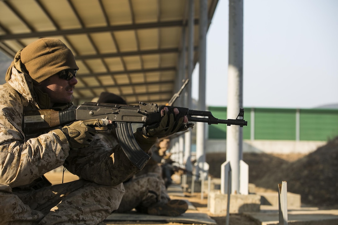 U.S. Marines had the unique opportunity to shoot a Democratic People’s Republic of Korea Type 58 assault rifle Feb. 5 during Korean Marine Exchange Program 15-3 at Gimpo, Republic of Korea. The U.S. Marines were given the unique opportunity to also test out the Daewoo K1 submachine gun, Daewoo K2 assault rifle, Daewoo K5 handgun, the K201 40mm grenade launcher and the Daewoo K14 sniper rifle. The U.S. Marines are reconnaissance men with Alpha Company, 3rd Reconnaissance Battalion, 3rd Marine Division, III Marine Expeditionary Force. (U.S. Marine Corps photo by Cpl. Tyler S. Giguere/Released)