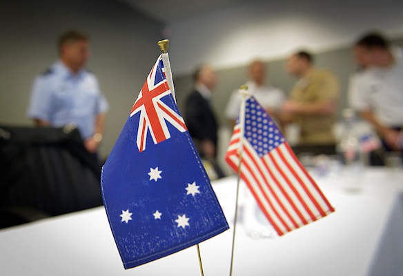 Gen. Martin E. Dempsey, chairman of the Joint Chiefs of Staff, and Australian Chief of the Defence Force, Air Chief Marshal Mark Binskin, meet with their staffs at Australian Navy base HMAS Watson in Sydney, Australia, Feb. 23, 2015.