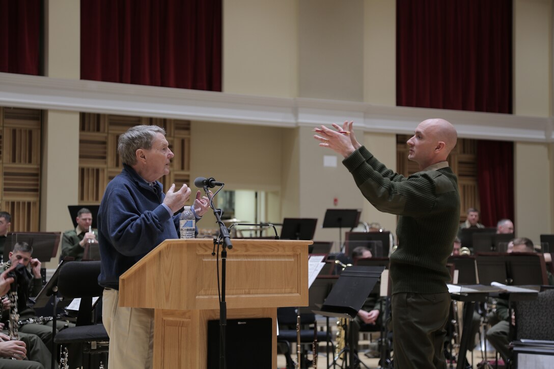 On Feb. 19, 2015, Jim Lehrer rehearsed with the Marine Band for the upcoming performance Time Capsule 1945: The 70th Anniversary of the End of WWII. (U.S. Marine Corps photo by Master Sgt. Kristin duBois/released)