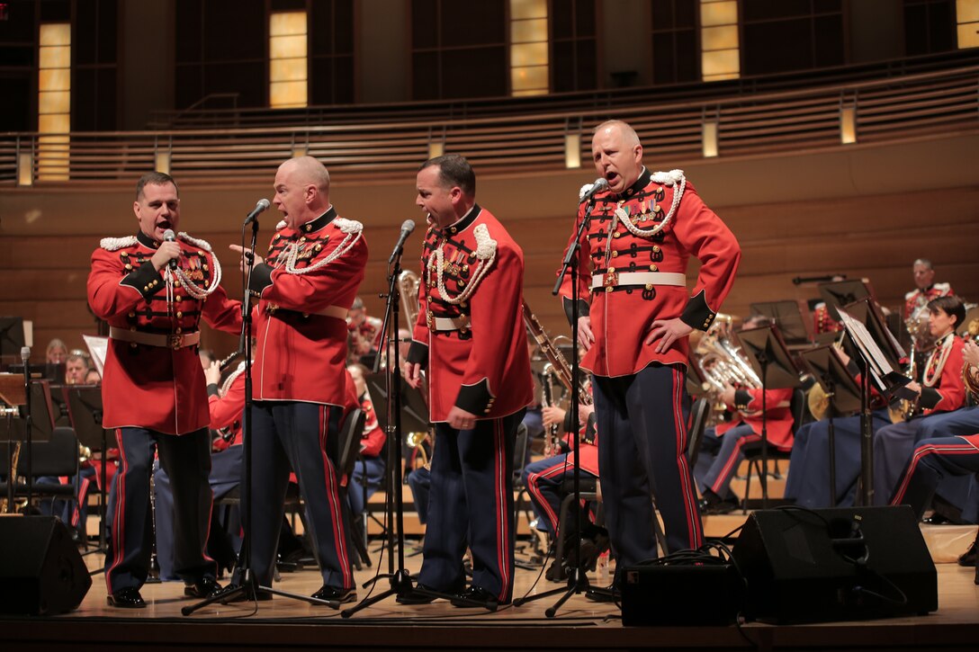 On Feb. 23, 2015, the Marine Band performed a program called Time Capsule 1945: The 70th Anniversary of the End of WWII," which featured guest narrator Jim Lehrer, the world premiere of Adam Schoenberg's American Symphony, and music from "South Pacific." (U.S. Marine Corps photo by Master Sgt. Kristin duBois/released)