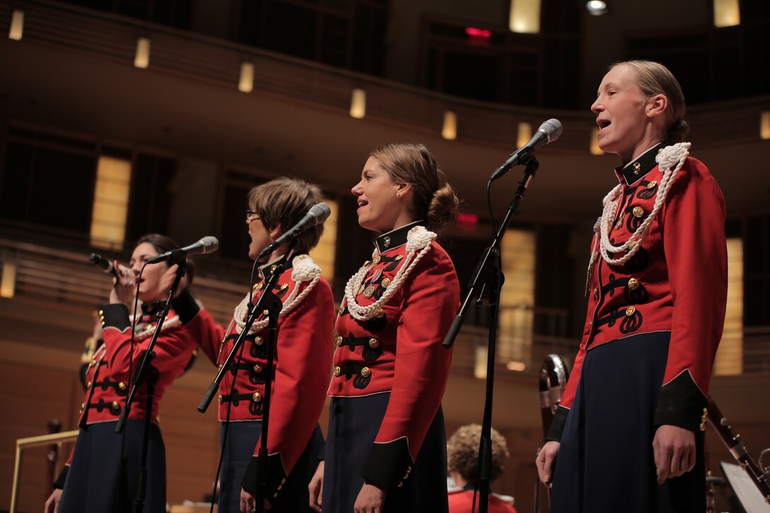 On Feb. 23, 2015, the Marine Band performed a program called Time Capsule 1945: The 70th Anniversary of the End of WWII," which featured guest narrator Jim Lehrer, the world premiere of Adam Schoenberg's American Symphony, and music from "South Pacific." (U.S. Marine Corps photo by Master Sgt. Kristin duBois/released)