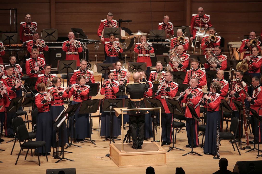 On Feb. 23, 2015, the Marine Band performed at the Music Center at Strathmore. The program, called Time Capsule 1945: The 70th Anniversary of the End of WWII," featured guest narrator Jim Lehrer, the world premiere of Adam Schoenberg's American Symphony, and music from "South Pacific." (U.S. Marine Corps photo by Master Sgt. Kristin duBois/released)