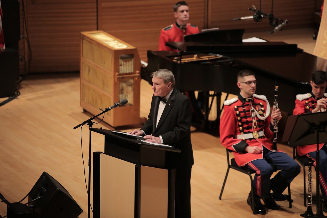 On Feb. 23, 2015, the Marine Band performed at the Music Center at Strathmore. The program, called Time Capsule 1945: The 70th Anniversary of the End of WWII," featured guest narrator Jim Lehrer, the world premiere of Adam Schoenberg's American Symphony, and music from "South Pacific." (U.S. Marine Corps photo by Master Sgt. Kristin duBois/released)