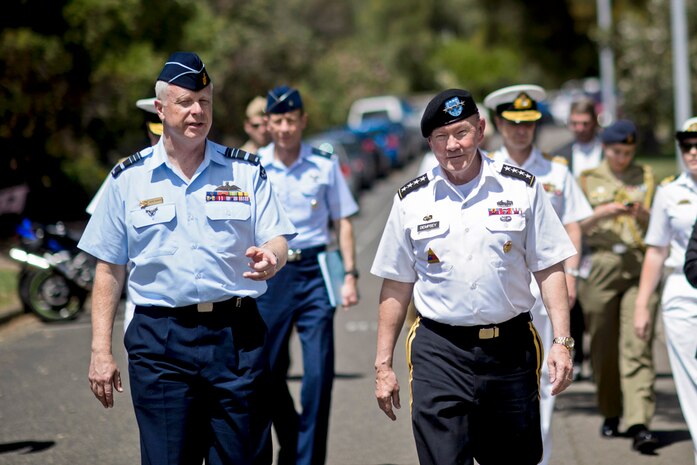 In this photo, U.S. Army Gen. Martin E. Dempsey, chairman of the Joint Chiefs of Staff, and Air Chief Marshal Mark Binskin, chief of Australia's defense force, meet with their staffs on Australian navy base HMAS Watson in Sydney, Feb. 23, 2015. 

