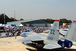 AIR FORCE STATION YELAHANKA, India (Feb. 19, 2015) - Two Kadena F-15 Eagle fighter jets from the 44th Fighter Squadron sit as static display during Aero India.  Aero India is India's premier aerospace exhibition and airshow and allows the United States to demonstrate its commitment to the security of the Indo-Asia-Pacific region and showcase defense aircraft and equipment, which ultimately contributes toward better regional cooperation and tactical compatibility with other countries. This year marks the 10th iteration of Aero India since its inception in 1996. 