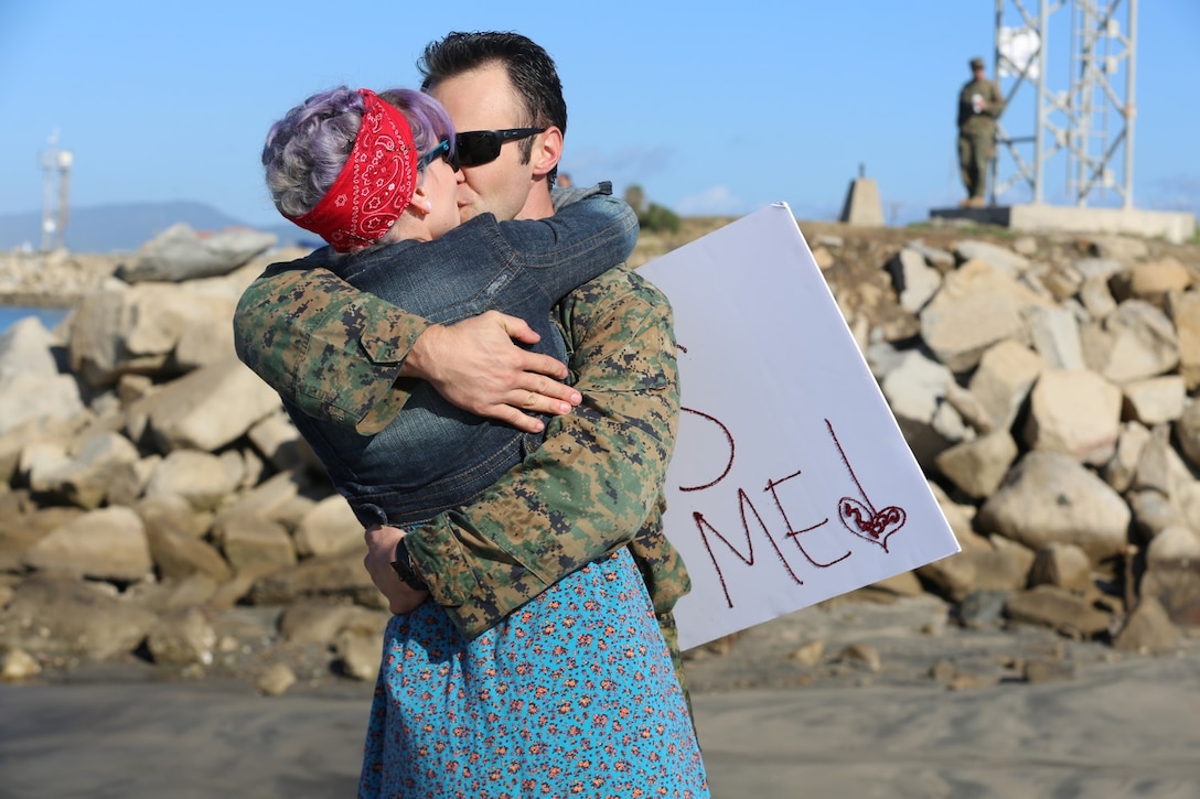 Marines with the 11th Marine Expeditionary Unit's Force Reconnaissance Detachment return to Camp Pendleton, California, Feb. 23. The 11th MEU completed a 7-month deployment to the U.S. 5th and 7th Fleet areas of operation. (U.S. Marine Corps photo by Sgt. Melissa Wenger/Released)