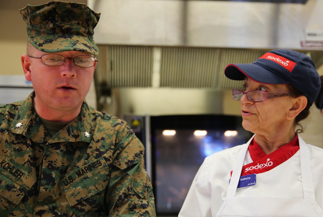 Lt. Col. Richard Kohler, director of food services for the Marine Corps, and Master Gunnery Sgt. Bryan Velloza, senior enlisted advisor for food services for the Marine Corps, were accompanied by Jack Kleckner, a representative of the National Restaurant Association, to evaluate the 22 Area Mess Hall for the Maj. Gen. William Pendleton Thompson Hill Award, Feb. 24. The W.P.T. Hill Award was established in 1985 to improve food service operation and recognize the best mess halls in the Marine Corps.