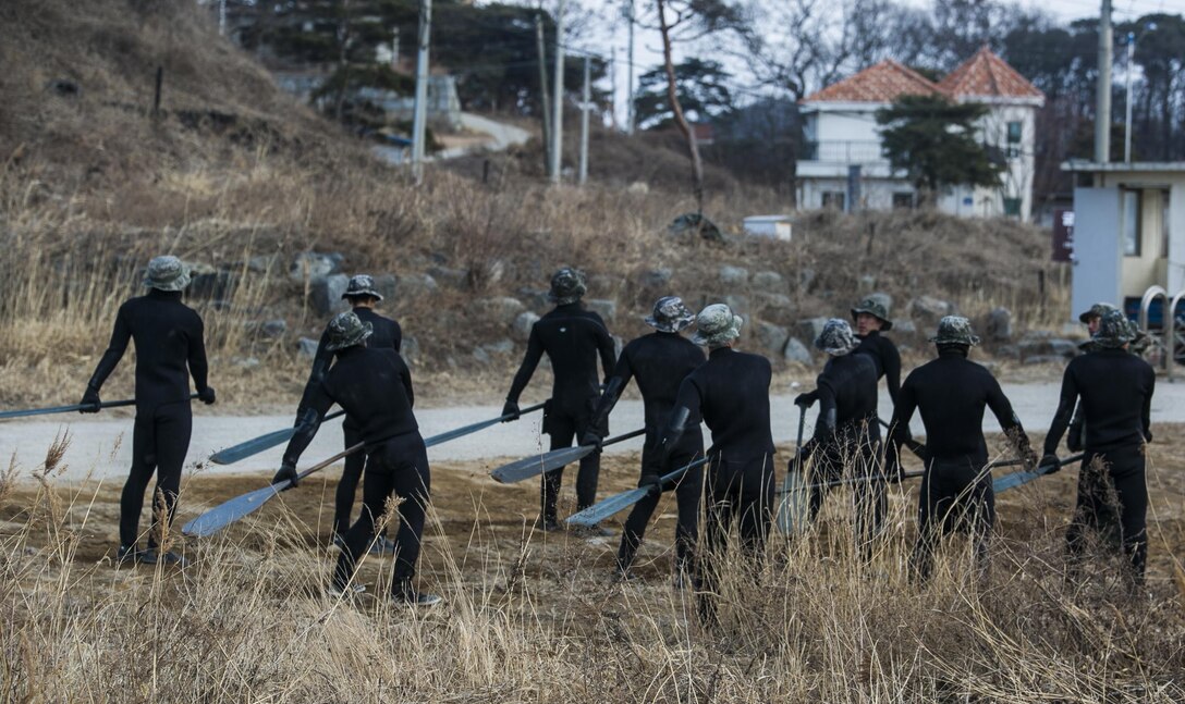 Republic of Korea Marines practice using their oars in unison while operating combat rubber raiding crafts Feb. 5 during Korean Marine Exchange Program 15-3 in Gimpo, Gyeonggi Province, Republic of Korea. Although the crafts have engines, the ROK Marines commonly use oars in order to reduce noise or save fuel. The ROK Marines trained alongside U.S. Marines during KMEP 15-3, familiarizing U.S. Marines with the Korean Peninsula while building upon an existing strong relationship between the two forces. The U.S. Marines are reconnaissance men with Alpha Company, 3rd Reconnaissance Battalion, 3rd Marine Division, III Marine Expeditionary Force. The ROK Marines are force reconnaissance men with 2nd Battalion, 2nd Marine Division.