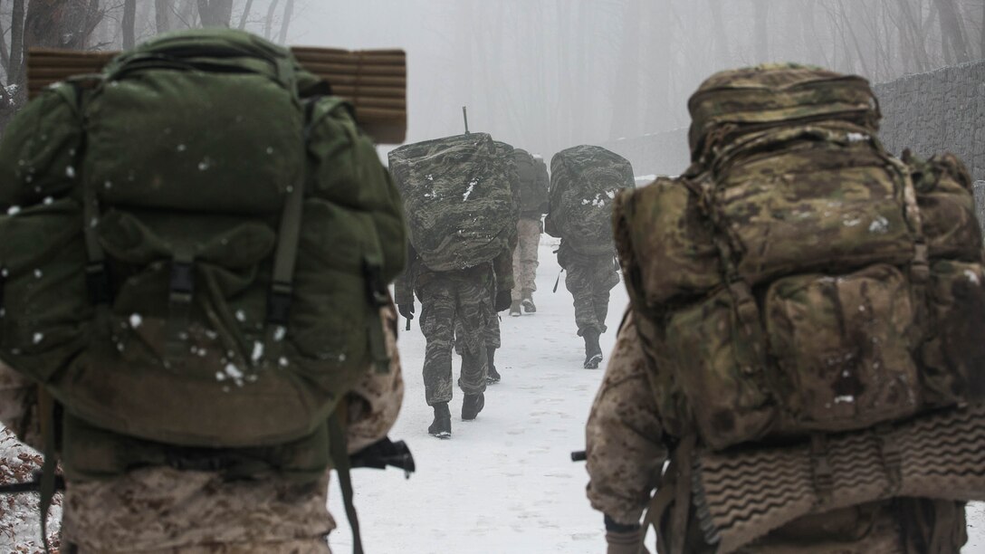 U.S. and Republic of Korea Marines hike a 35- km path up a mountain Jan. 15 during Korean Marine Exchange Program 15-3 in Pyeongchang, Republic of Korea. The ROK and U.S. Marines hiked side-by-side from start to finish. The U.S. Marines are reconnaissance men with Alpha Company, 3rd Reconnaissance Battalion, 3rd Marine Division, III Marine Expeditionary Force. The ROK Marines are force reconnaissance men with 2nd Battalion, 2nd Marine Division. 