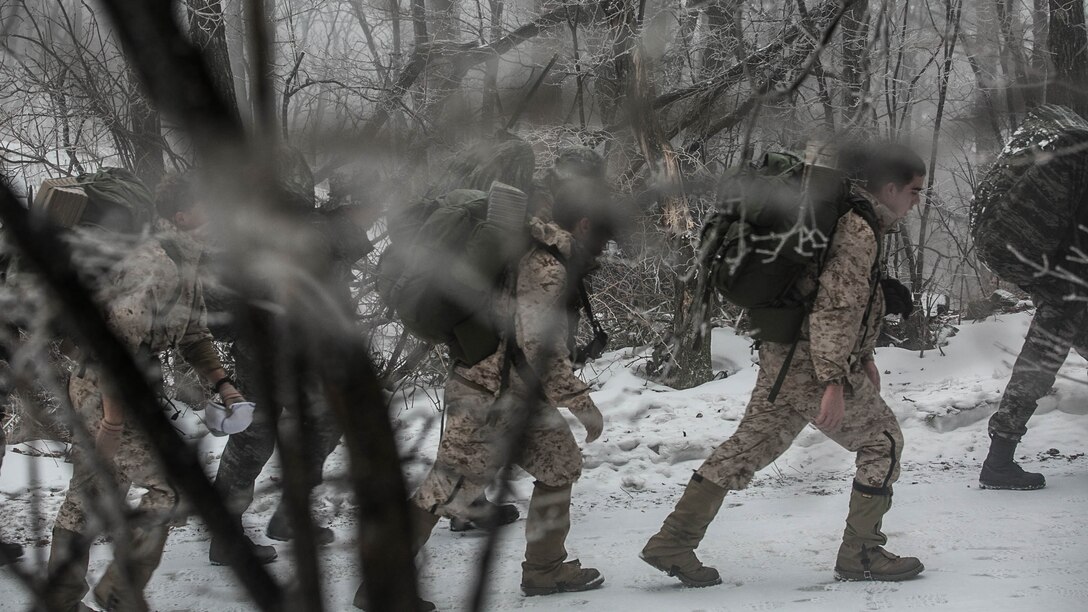 U.S. and Republic of Korea Marines hike a 35- km path up a mountain Jan. 15 during Korean Marine Exchange Program 15-3 in Pyeongchang, Republic of Korea. Ice and snow covered the entire path. The U.S. Marines are reconnaissance men with Alpha Company, 3rd Reconnaissance Battalion, 3rd Marine Division, III Marine Expeditionary Force. The ROK Marines are force reconnaissance men with 2nd Battalion, 2nd Marine Division. (U.S. Marine Corps photo by Cpl. Tyler S. Giguere/Released)