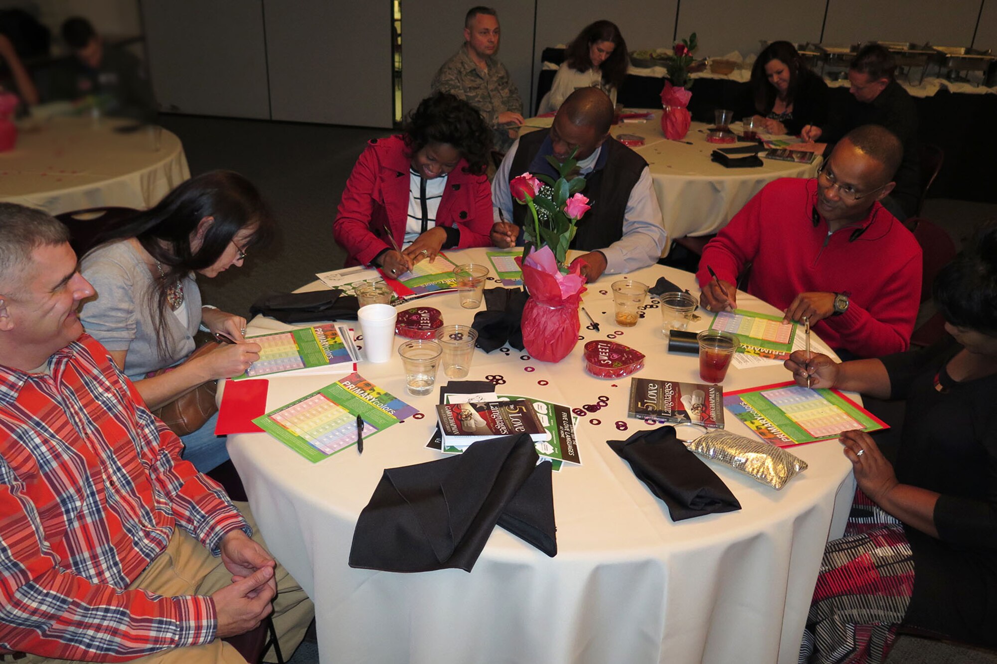 The 169th Fighter Wing's Chaplain's core teamed up with the Airman and Family Readiness Support Section to provide married couples from the South Carolina Air National Guard with a Strong Bonds Refresher marriage strengthening course and a catered Valentines Dinner at McEntire Joint National Guard Base, Feb. 7, 2015.  (U.S. Air National Guard photo by Senior Master Sgt. Edward Snyder/Released)