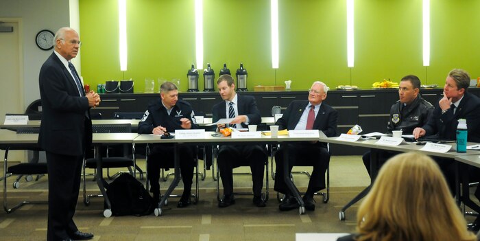 Guest speaker Frank Mauer, consultant for the Secretary of the Air Force, addresses Joint Base Charleston and community leaders Feb.13, 2015 at the Charleston Metro Chamber of Commerce in North Charleston, S.C., about implementing the Air Force Community Partnership Program, or P4 for short, at JB Charleston. The initial planning meeting for P4 included more than 70 community and base representatives who participated in a Brainstorming Session where they began identifying potential partnerships, areas where excess capacity existed, areas where help was needed and the resources available. (U.S. Air Force photo/2nd Lt. Alexandra Trobe)