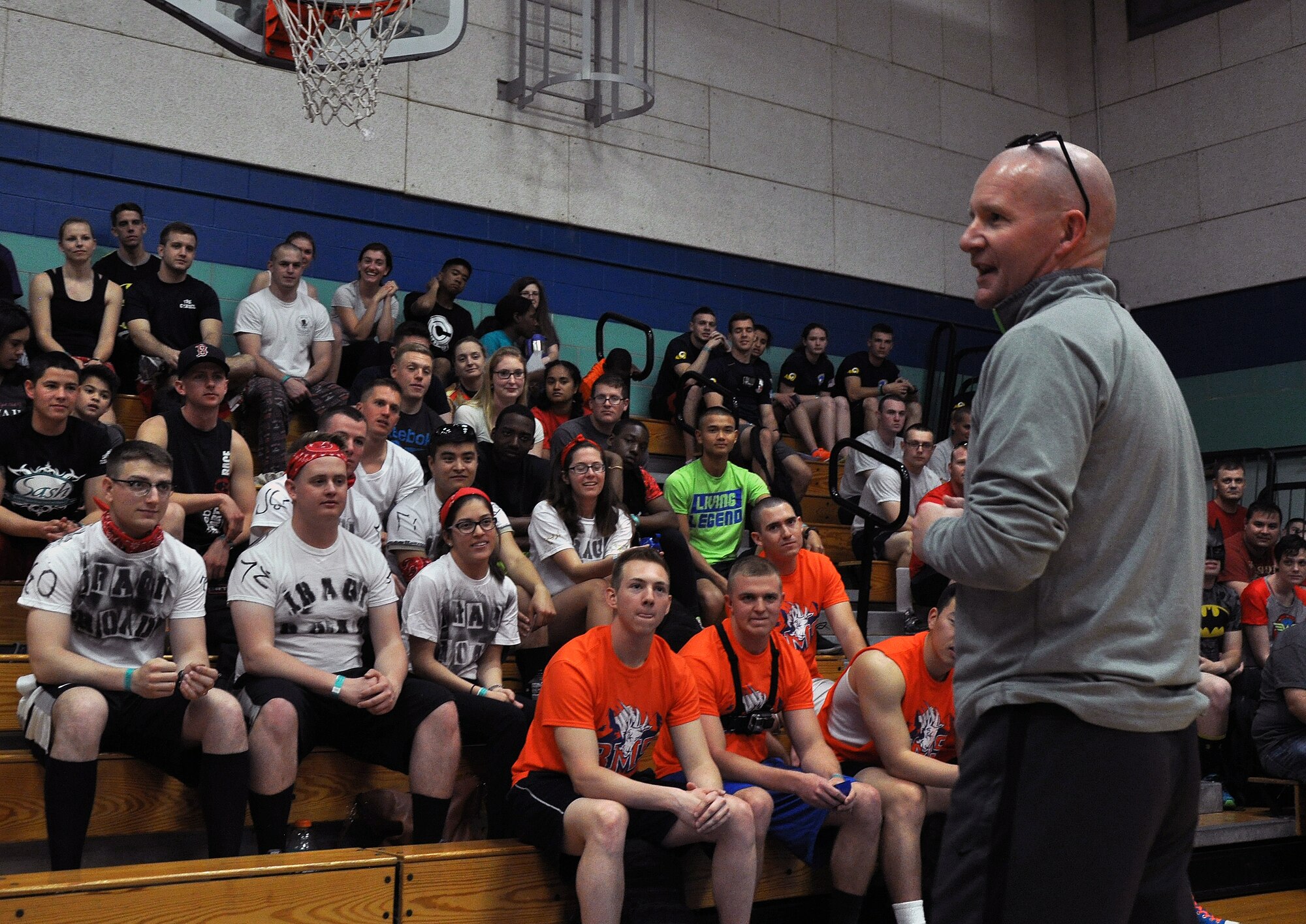 GOODFELLOW AIR FORCE BASE, Texas – Chief Master Sgt. Thomas F. Good, 17th Training Wing Command Chief, speaks before the 17th TRW Sexual Assault Prevention and Response Dodgeball Tournament participants at the Mathis Fitness Center Feb. 20. Good spoke about sexual assault statistics and what can be done to prevent it. (U.S. Air Force photo/ Senior Airman Joshua Edwards)