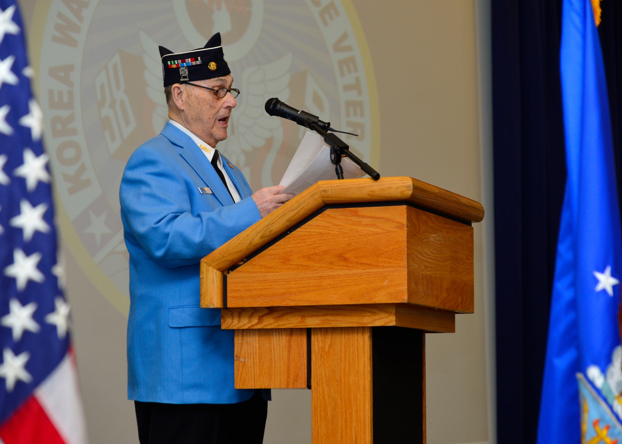 Dr. Daniel Coons, Korean War Veterans Association Chapter 3 president, speaks at the 16th Annual Security Forces Ruck March Feb. 21, 2015, at Dover Air Force Base, Del. The ruck march was held to commemorate the Korean War Battle of Chosin Reservoir, November to December 1950. (U.S. Air Force photo/Airman 1st Class William Johnson)