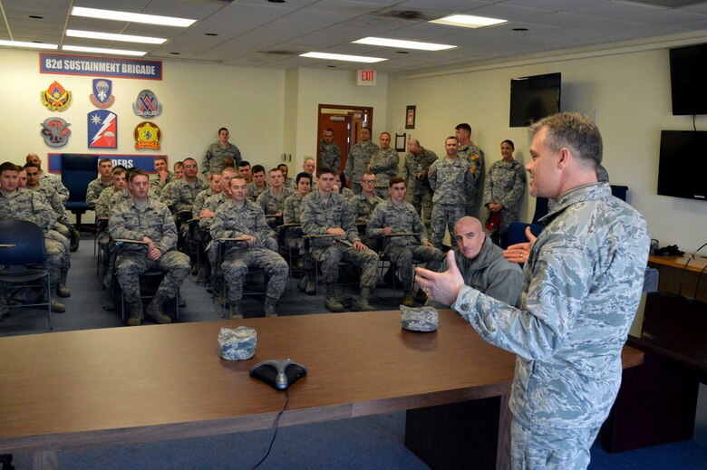 Brig. Gen. Tim Gibson, U.S. Air Force Expeditionary Center vice commander, provides comments to aerial port Airmen from the 3rd Aerial Port Squadron and Soldiers from the 330th Movement Control Battalion during his visit to the 43rd Airlift Group, Pope Army Airfield, N.C. Feb. 19-20. (U.S. Air Force photo/Marvin Krause)