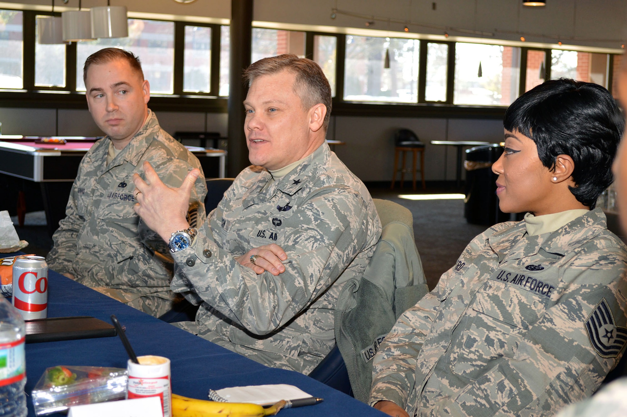 Brig. Gen. Tim Gibson, U.S. Air Force Expeditionary Center vice commander, shares his leadership perspective with 43rd Airlift Group noncommissioned officers during his visit to the 43rd Airlift Group, Pope Army Airfield, N.C. Feb. 19-20. (U.S. Air Force photo/Marvin Krause)