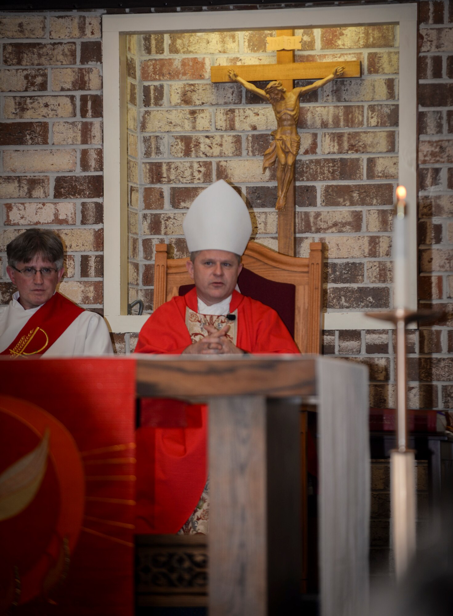 Bishop Robert J. Coyle, auxiliary bishop  for the Archdiocese for the Military Services, speaks during Confirmation Mass Feb. 19, 2015, at Moody Air Force Base, Ga. Coyle also had dinner with Team Moody members, met with Catholic contractors and participated in an Ash Wednesday service during his visit here.. (U.S. Air Force photo by Senior Airman Sandra Marrero/Released)
