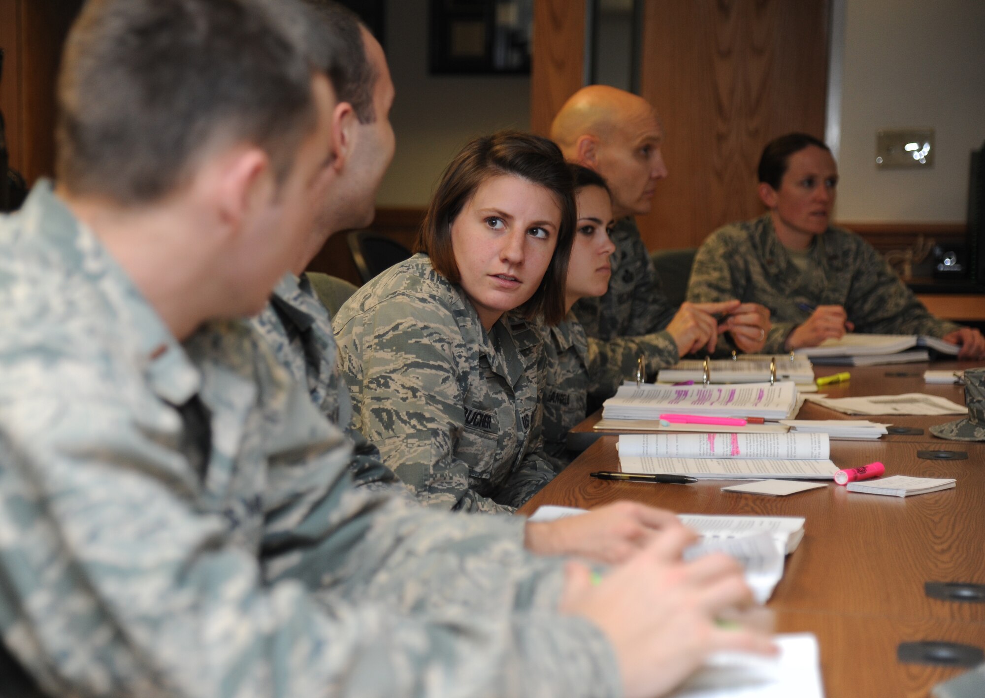 Second Lt. Emily Bucher, 335th Training Squadron student, participates in a class discussion during the personnel officer course Feb. 19, 2015, at Wolfe Hall, Keesler Air Force Base, Miss.  (U.S. Air Force photo by Kemberly Groue)