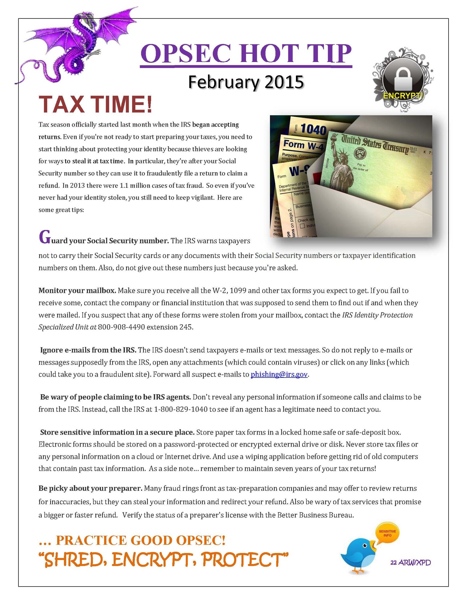 The February "OPSEC Hot Tip" deals with protecting personal information during tax season.