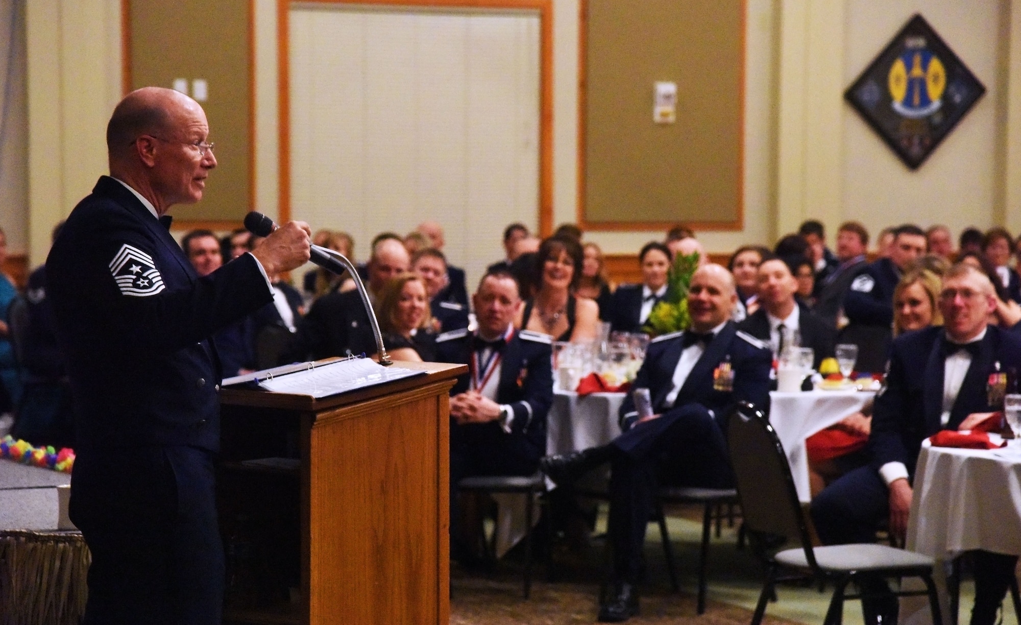 Chief Master Sgt. Terry West, Air Force Global Strike Command command chief, speaks during Malmstrom Air Force Base’s 2014 Annual Awards Banquet held at the Grizzly Bend Feb. 20. During his speech, West commended Malmstrom’s Airmen on their hard work and dedication to service. (U.S. Air Force Photo/Airman 1st Class Collin Schmidt)