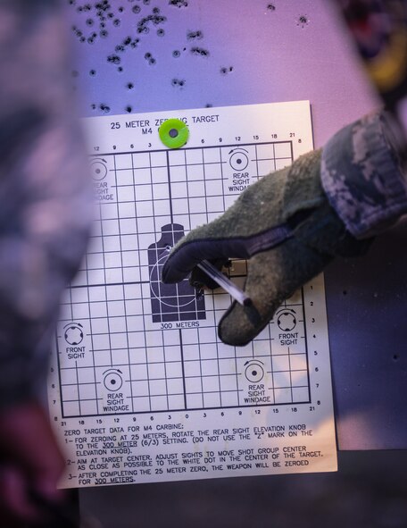 Senior Airman Shane Fairchild, 569th Combat Arms Training and Maintenance instructor reviews a target after an M-4 carbine  qualification test at the Kaiserslautern Military Community Combat Arms Training and Maintenance Squadron, Vogelweh Military Complex, Germany, Feb. 23, 2015. The KMC CATM is the second busiest CATM facility in the Air Force next to Lackland Air Force Base, Texas. (U.S. Air Force photo/Senior Airman Nicole Sikorski)