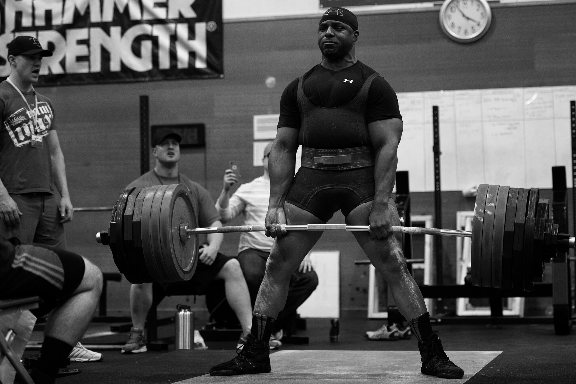 U.S. Navy Petty Officer 1st Class Jonathan Terrell Groves, event competitor, performs a deadlift in the 2015 Yokota Powerlifting Invitational held in the Samurai Fitness Center at Yokota Air Base, Japan, Feb. 21, 2015. By deadlifting more than 550 pounds, Groves won both "Top Lift" and "Pound for Pound Champ" in the deadlift portion of the competition. (U.S. Air Force photo by Airman 1st Class Delano Scott/Released)