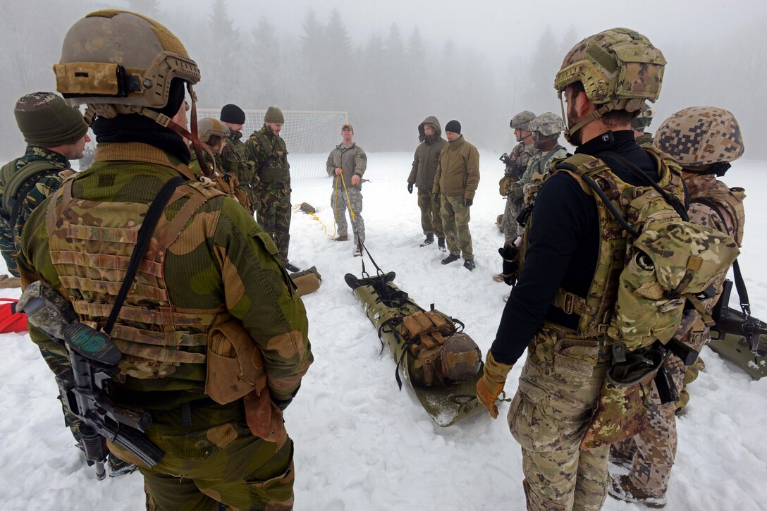 U.S. Army Sgt. Derek D. Niegsch, center, demonstrates how to pull an emergency sled for a multinational group of soldiers as part of first responder training, in Pfullendorf, Germany, Feb. 18, 2015. The purpose of the exercise is to teach NATO-allied special forces how to treat combat trauma casualties. Niegsch is a medical branch Instructor assigned to the International Special Training Center.