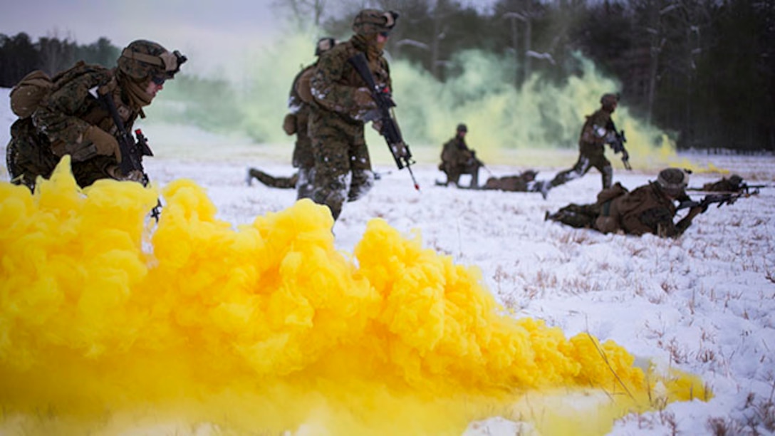 U.S. Marines with Alpha Company, 1st Battalion, 8th Marine Regiment, 2nd Marine Division, preform fire and maneuver drills during a Deployment and Training exercise on Marine Corps Base Quantico, Va., Feb. 18, 2015. The exercise focused on stability operations and various training missions.