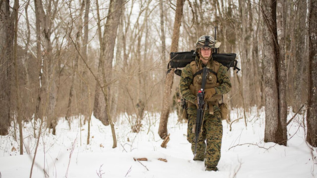U.S. Marine Corps Pvt. Ryan Mihalochick, machine gunner, Alpha Company, 1st Battalion, 8th Marine Regiment, 2nd Marine Division (MARDIV), participates in a two kilometer patrol during a Deployment for Training exercise on  Marine Corps Base Quantico, Va., Feb. 18, 2015. The exercise focused on stability operations and various training missions.