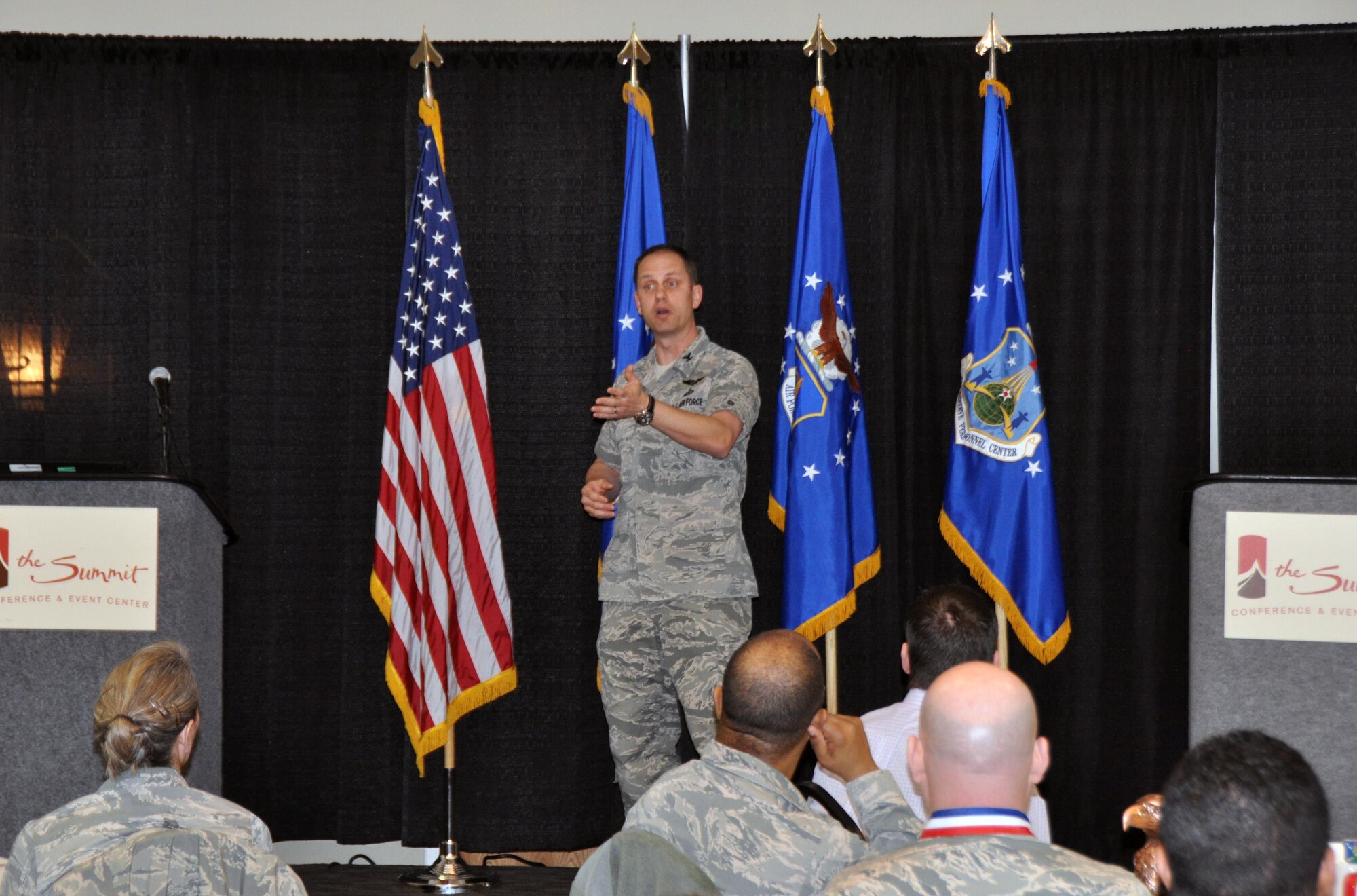 Col. Sean McElhaney Pahia, Air Reserve Personnel Center vice commander, speaks to attendees during a breakfast honoring ARPC’s A1 annual award winners at the Summit Conference and Event Center Feb. 24, 2015, in Denver. (U.S. Air Force photo/Tech. Sgt. Rob Hazelett)