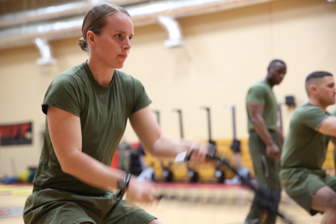 A Marine practices rope drills during a High Intensity Tactical Training certification course Feb. 10, at the Hopkins Hall Gym at Camp Allen  in Norfolk, Virginia.Nearly 25 Marines attended the course in order to become a HITT instructor. The purpose of the certification process is properly applying form and techniques to achieve personal fitness goals.