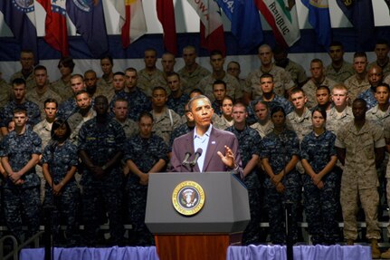 President Barack Obama addresses troops at the Naval Air Technical Training Center on Naval Air Station Pensacola, Fla., June 15, 2010. The president recognized the continued efforts of military leadership in the war on terror.