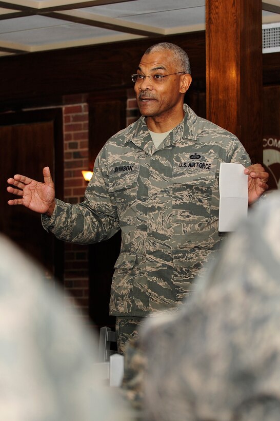 U.S. Air Force Chief Master Sgt. Jack Johnson Jr., NATO Allied Command Transformation command chief, speaks with members of the Langley African American Heritage Council, Langley Air Force Base, Va., Feb. 19, 2015. While at Langley, Johnson spoke about being an African American in the Air Force as well as his accomplishments. (U.S. Air Force photo by Airman 1st Class Breonna Veal/Released)