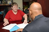 Debbie Hall, 802nd Force Support Squadron survivor benefit plan counselor, provides a briefing of the Survivor Benefit Plan program Feb. 6 at Joint Base San Antonio-Randolph. (U.S. Air Force photo by Johnny Saldivar)