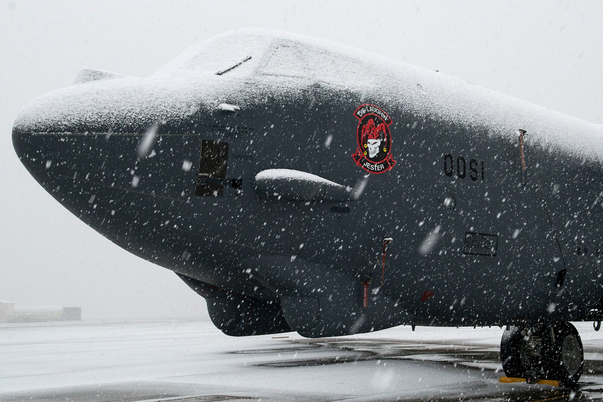 An Air Force Reserve B-52H Stratofortress assigned to the 307th Bomb Wing, gets a dusting of snow on Feb. 25, 2015, Barksdale Air Force Base, La. A band of winter weather hit Barksdale and the surrounding area bringing ice and a few inches of snow. (U.S. Air Force photo by Master Sgt. Greg Steele/Released)