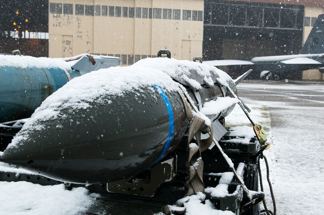 An inert training munition gets a dusting of snow on Feb. 25, 2015, Barksdale Air Force Base, La. A band of winter weather hit Barksdale and the surrounding area bringing ice and a few inches of snow. (U.S. Air Force photo by Master Sgt. Greg Steele/Released)