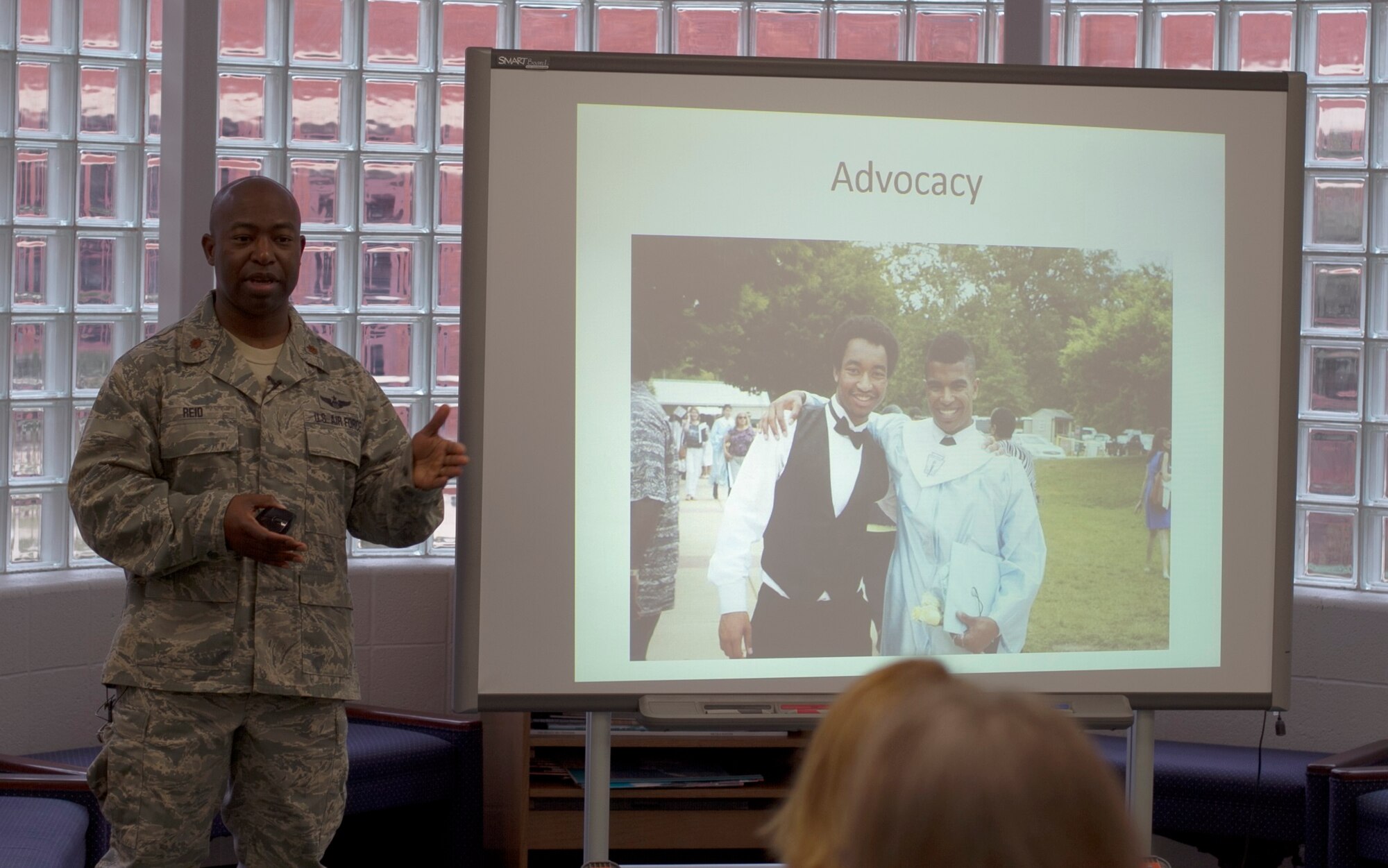 Maj. Jonathan Reid, the Air National Guard Risk Management program manager and division chief of Safety Analysis, speaks to a regional group of faculty and staff at St. Leonard Elementary School in St. Leonard, Maryland, on an achievement strategy for young black men February 2015. Reid, who is an active volunteer in his community, delivered remarks about the achievement gap between young black males and other populations and discussed possible solutions educators can take to act as an advocate. (Courtesy photo/RELEASED)